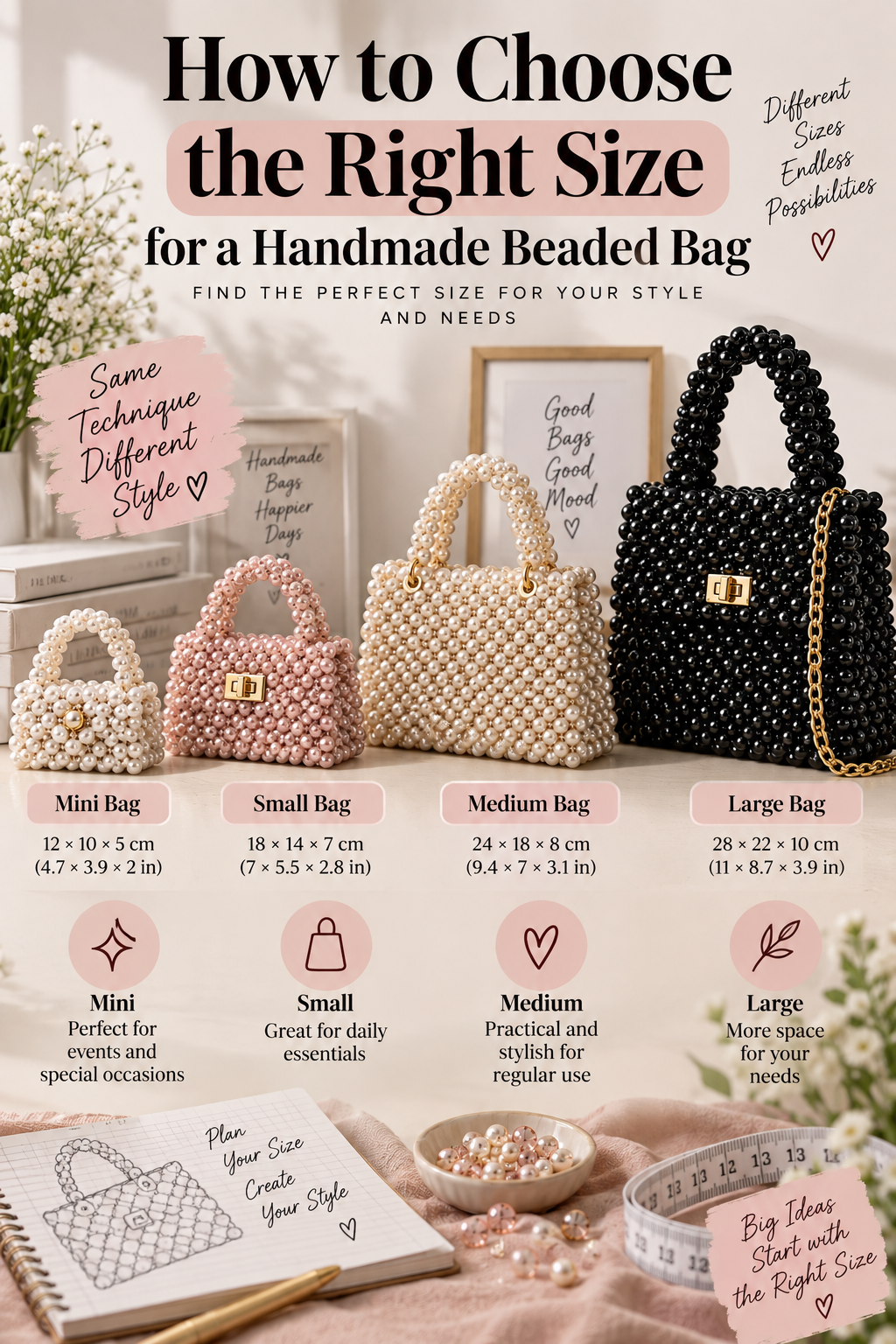 Handmade beaded bag size and style inspiration